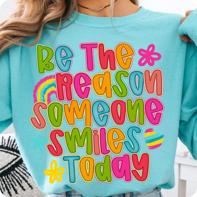Mockup of 'Be The Reason Someone Smiles Today' boho floral design on a white t-shirt