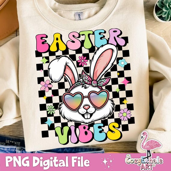 Retro Easter Bunny PNG: Groovy Checkered Design (Digital Download)