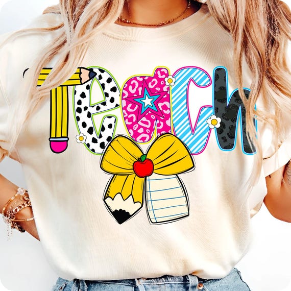 Preppy Teacher Floral PNG: Leopard Bow Pencil Design (Digital Download)