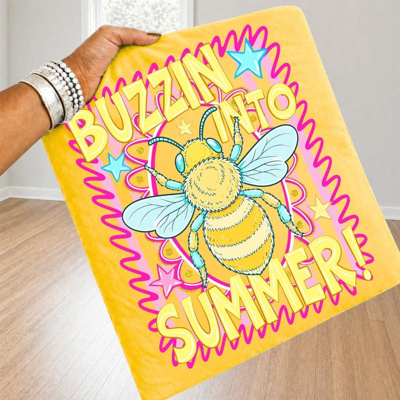 Collage showing the 'Buzzin Into Summer' design applied to various items like a mug, t-shirt, and tote bag, demonstrating its versatility.