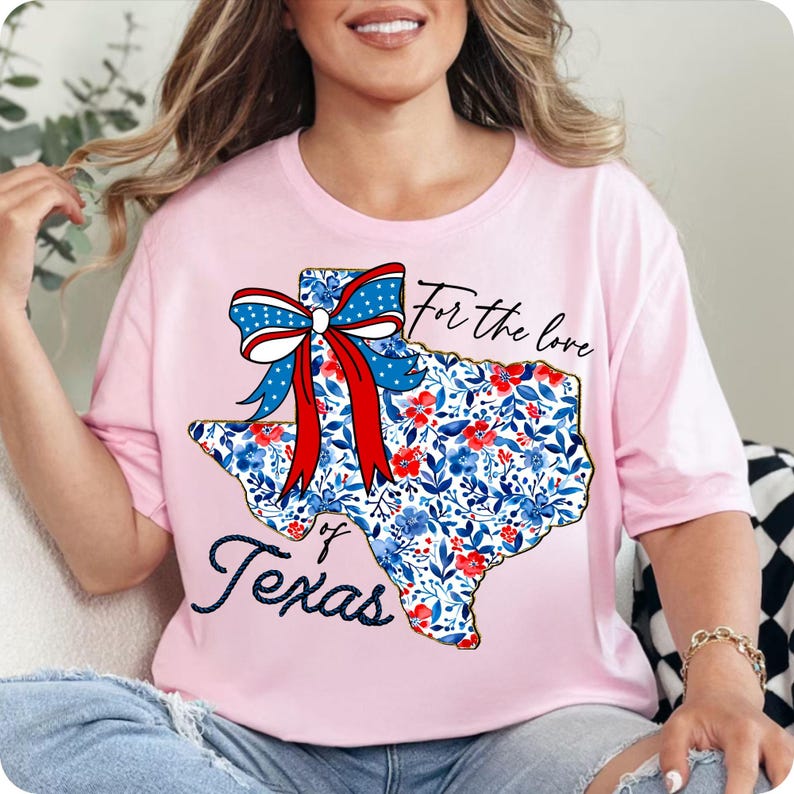 Floral Texas Map Coquette PNG, 4th of July, Texas Brushstroke, Patriotic USA, America Coquette, Retro Texas Bow, Independence Day Sublimation