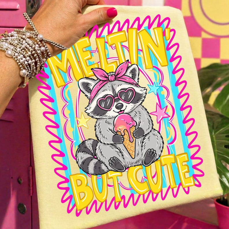 Rolig tvättbjörnsglass PNG, smältande men söt sommardesign, preppy trash panda sublimeringsgrafik, retro vilddjur DTF digital nedladdning bild 7