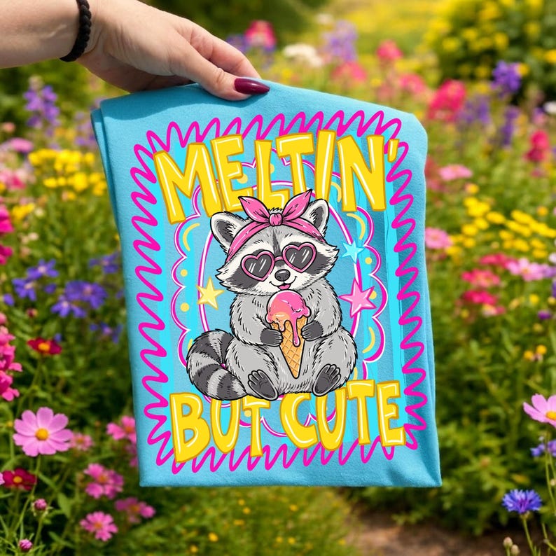 Rolig tvättbjörnsglass PNG, smältande men söt sommardesign, preppy trash panda sublimeringsgrafik, retro vilddjur DTF digital nedladdning bild 5