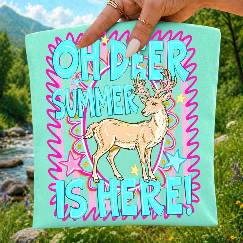 Mockup showing the 'Oh Deer Summer' PNG design applied to various items like a mug and wall art