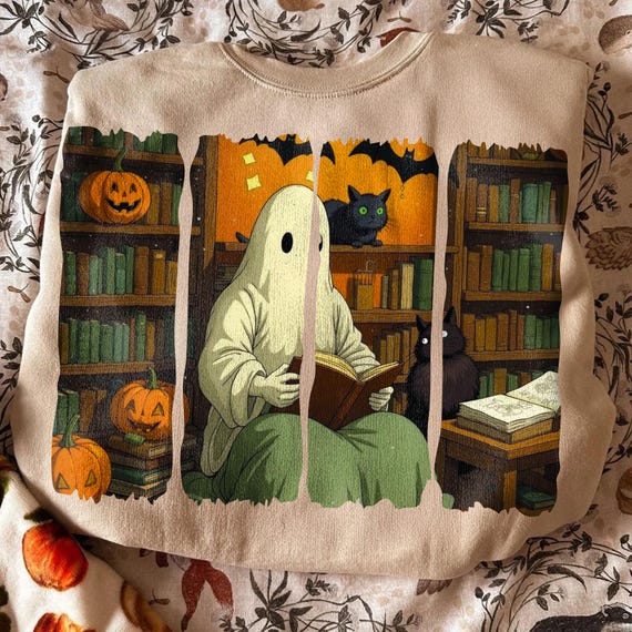 Retro Halloween Ghost PNG: Reading Book, Black Cat Library (Digital Download)