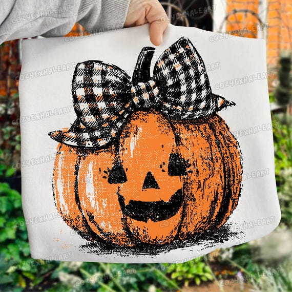 Retro Pumpkin PNG Clipart: Floral Checkered Bow, Girly Autumn (Digital Download