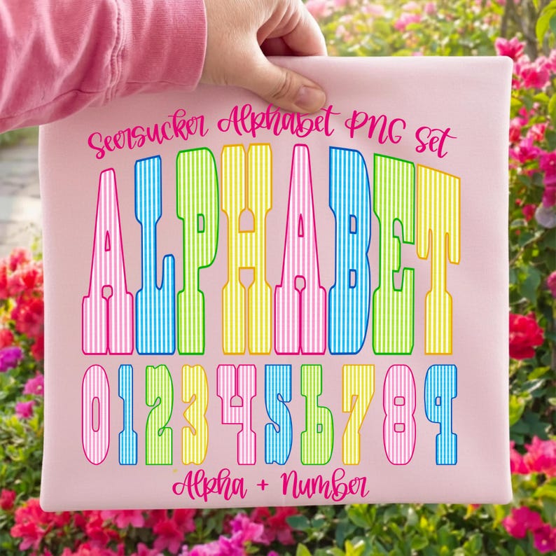 Image of Seersucker Alphabet PNG Bundle Varsity Letters and Numbers Sublimation Pack Preppy Summer Font Alpha Set Collegiate Stripes Digital Download