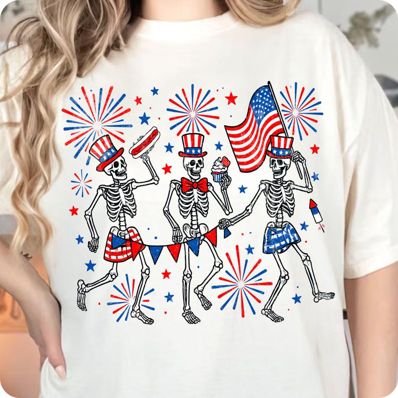 Patriotic Skeletons PNG, Funny USA 4th of July Red White Blue Sublimation Design, Independence Day America Party Shirt Graphic