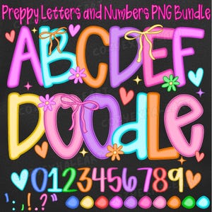 Buchstaben & Zahlen PNG Bundle, 10 Farben Doodle Alphabet Clipart, bunte A-Z a-z 0-9 Schriftart, Satzzeichen, dekorative Extras.