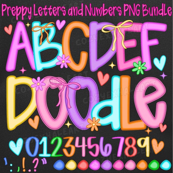 Doodle Alphabet PNG Bundle: Preppy Letters, Numbers, Punctuation (Digital Download)