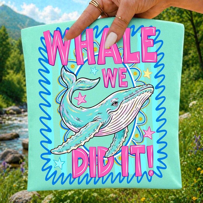 Close up of the preppy retro whale graduation sublimation design