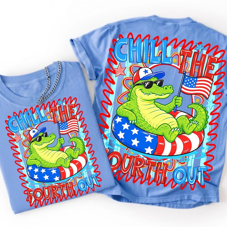 Vibrant 'Chill the Fourth Out' American Gator 4th of July PNG digital design for sublimation and DTF projects.