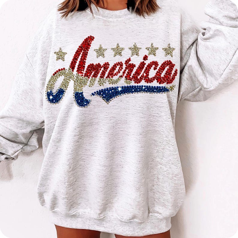Faux Rhinestone America PNG, Coquette 4th of July Design, Red White Blue Girly USA Sublimation, Patriotic Memorial Day Shirt PNG
