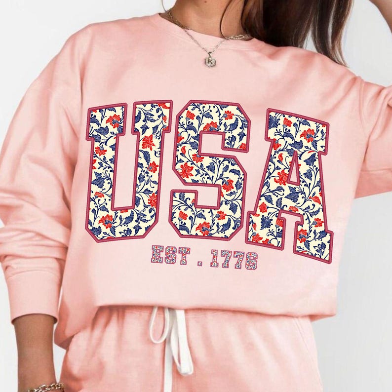 Floral USA PNG, Retro America 4th of July Sublimation, Girly Patriotic Shirt Design, America Coquette, Vintage USA Flag Digital