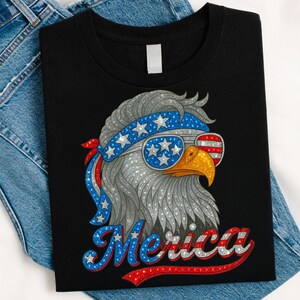 Merica Eagle Faux Rhinestone PNG, Retro 4th of July Design, Patriotic American Eagle Sublimation, Independence Day Shirt PNG