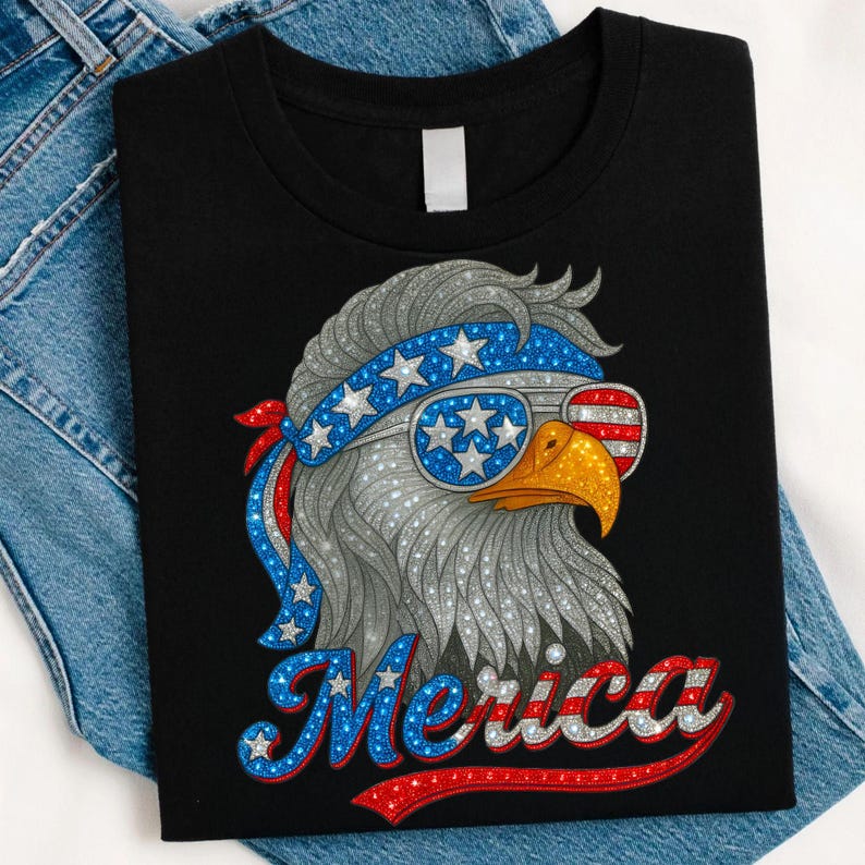 Merica Eagle Faux Rhinestone PNG, Retro 4th of July Design, Patriotic American Eagle Sublimation, Independence Day Shirt PNG