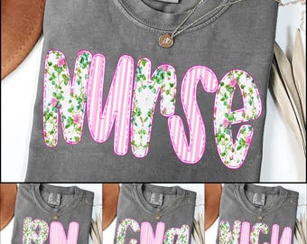 Preppy Nurse Blue Floral Stripe PNG Bundle, Boho CNA NICu RN Sublimation Design, Girly Coquette Bow Trendy Nurse Life Shirt Clipart