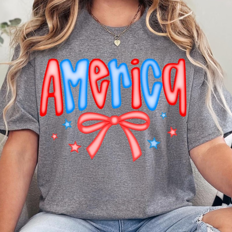 Mockup of the Preppy America Coquette PNG on a white t-shirt, showcasing the design's vibrant colors and checkered pattern for patriotic wear.
