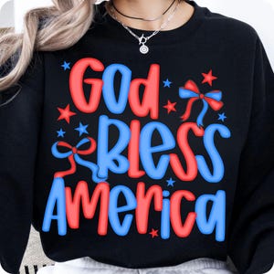 Preppy America Coquette PNG, God Bless America Bow Design, Christian 4th of July Sublimation, Patriotic Cross USA Shirt Graphic
