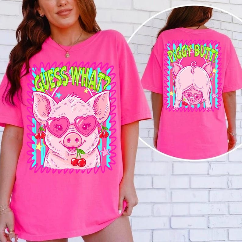 Mockup of a white t-shirt featuring the 'Guess What Piggy Butt' funny pig design in neon colors, showcasing a summer outfit idea.