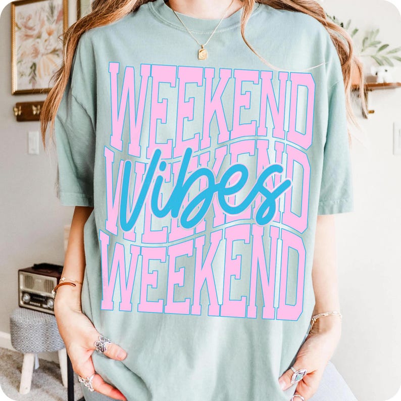 Mockup of various items like t-shirts, mugs, and tote bags showcasing the 'Weekend Vibes' digital design.