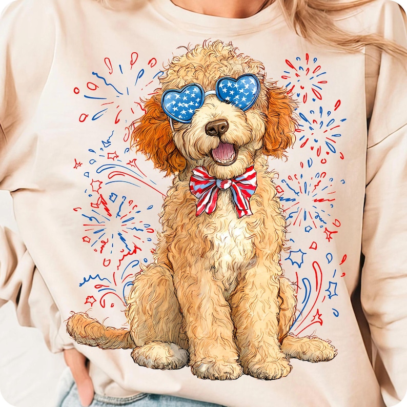 Charming Patriotic Goldendoodle PNG with a red, white, and blue bow, ideal for Fourth of July designs.