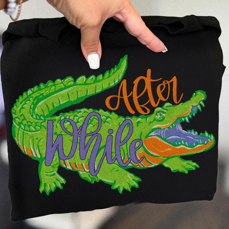 Pu&ograve; includere: Felpa nera con un motivo di alligatore verde, con dettagli arancioni e viola. Il testo "After While" &egrave; scritto sull'alligatore in caratteri arancioni e viola.