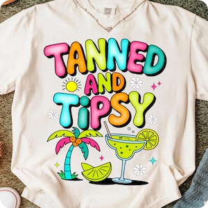 Tanned and Tipsy PNG, Funny Retro Summer Sublimation Design, Coquette Beach Vibes Clipart, Margarita Girls Trip Preppy Aesthetic