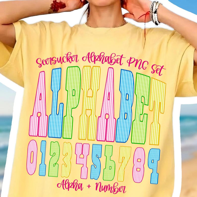 Full alphabet and number set of preppy seersucker varsity PNG files