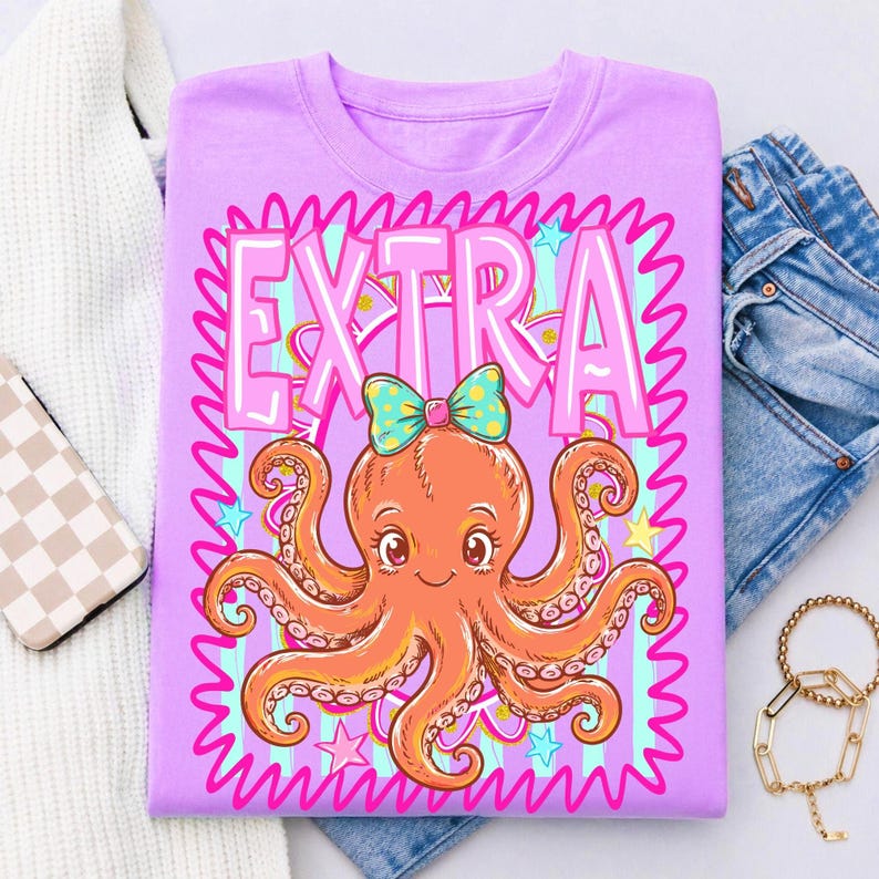 Extra Octopus PNG Sublimeringsdesign, Preppy Coquette Coastal Beach Shirt Grafik, Girly DTF Transfer Fil, Retro Summer Digital Nedladdning bild 8