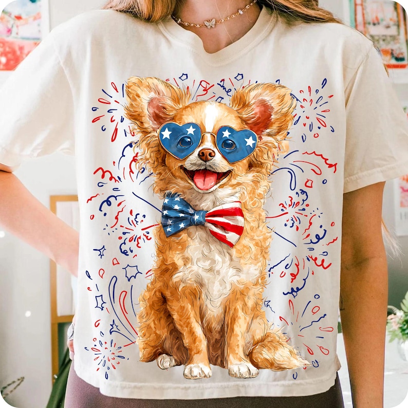 Patriotic Dog Bundle PNG, 4th of July Dog Illustration, USA Dog Sublimation, Dog Wearing Stars and Stripes Bow, Dog Mom Design
