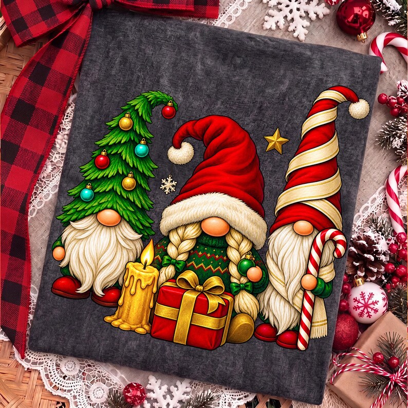 Puede incluir: Una camiseta gris oscuro con un gr&aacute;fico de tres gnomos navide&ntilde;os. Un gnomo lleva un gorro con forma de &aacute;rbol, otro tiene trenzas rubias y un gorro rojo, y el tercero lleva un gorro de rayas rojas y blancas mientras sostiene un bast&oacute;n de caramelo.
