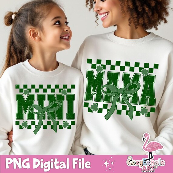 Mama Mini St Patrick's Day PNG: Retro Shamrock, Coquette Bow Design (Digital Download)