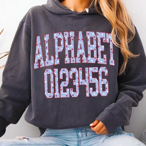 K&ouml;nnte beinhalten: Dunkelgrauer Kapuzenpullover mit dem Wort "ALPHABET" und den Zahlen "0123456" in hellblauer Schrift mit roten R&auml;ndern. Die Buchstaben und Zahlen sind mit wei&szlig;en und roten Sternen gef&uuml;llt.