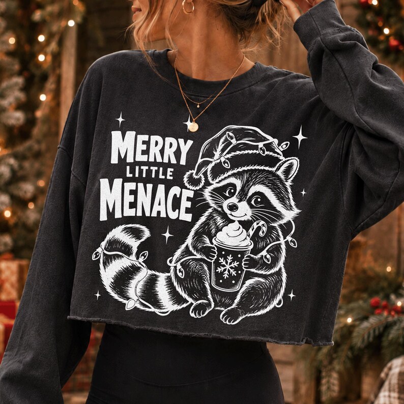 May include: A charcoal gray long-sleeve cropped sweatshirt featuring a white graphic print of a raccoon wearing a Santa hat, holding a cup with a snowflake design, and wrapped in string lights. The text reads MERRY LITTLE MENACE.