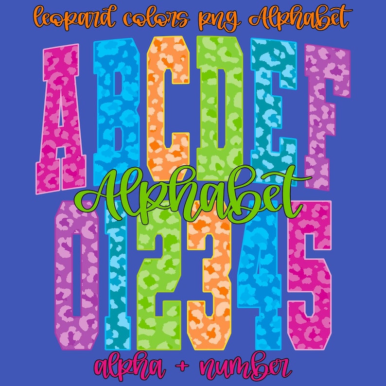 Preppy Neon Leopard Varsity Alphabet PNG Bundle letters display