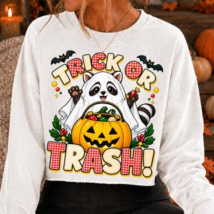 May include: A white long-sleeve sweatshirt featuring a graphic of a raccoon dressed as a ghost holding a jack-o'-lantern bucket filled with sweets. The text reads TRICK OR TRASH! in red and white checkered block letters with black outlines.