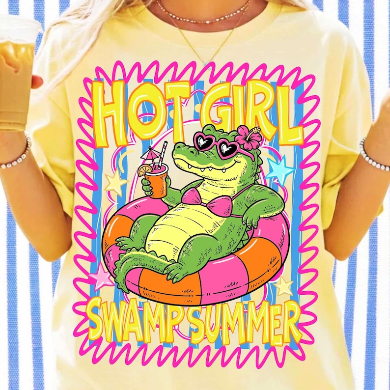 Retro Cartoon Alligator in Pink Bikini and Heart Sunglasses Sublimation File