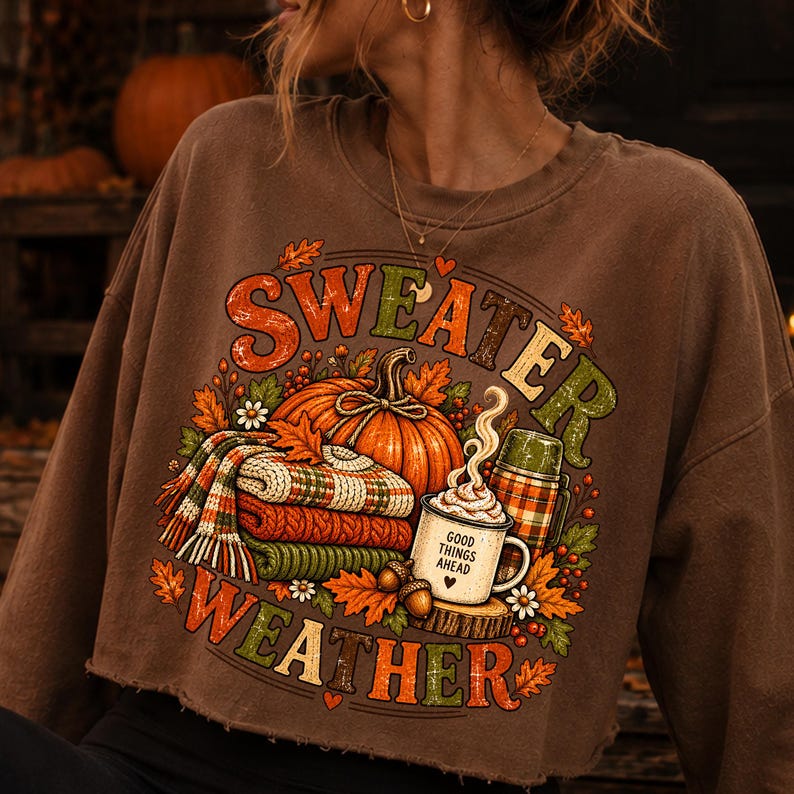 Puede incluir: Una sudadera marr&oacute;n de cuello redondo con un estampado gr&aacute;fico que incluye el texto "SWEATER WEATHER" y "GOOD THINGS AHEAD" en una taza. El dise&ntilde;o muestra una calabaza naranja grande, mantas de punto dobladas, un termo y hojas de oto&ntilde;o.