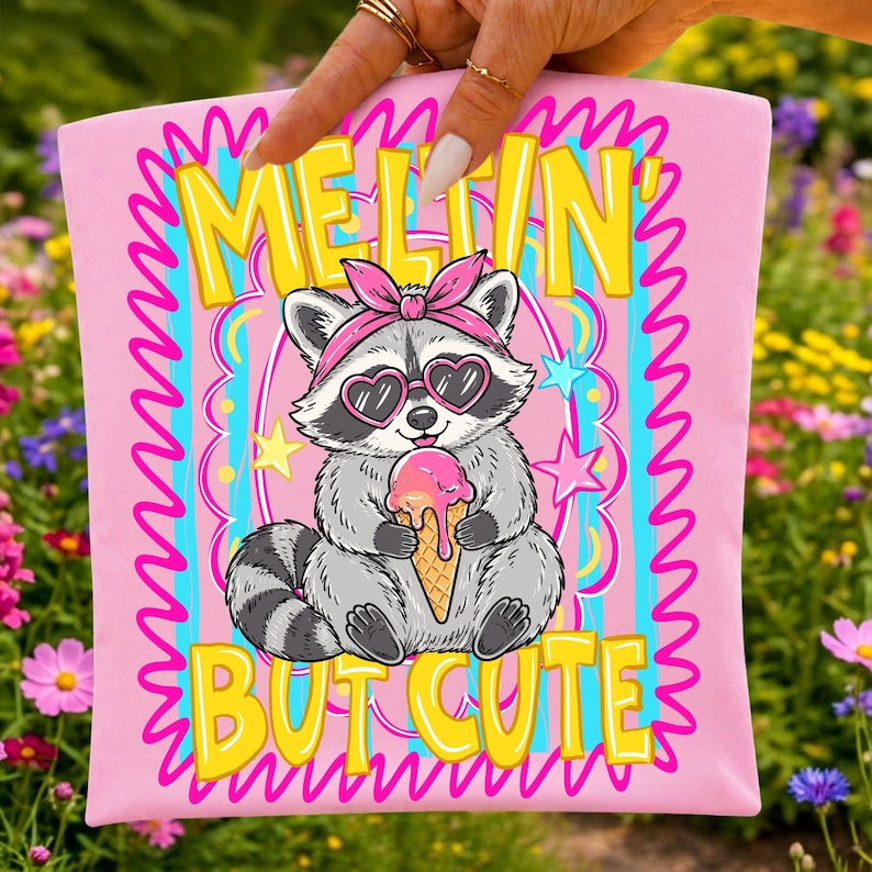 Image of Funny Raccoon Ice Cream PNG, Meltin But Cute Summer Design, Preppy Trash Panda Sublimation Graphic, Retro Feral Animal DTF Digital Download