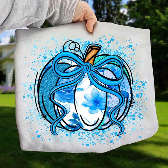 Elegant Blue Chinoiserie Pumpkin Bow: Fall Sublimation Clipart for Grandmillennial Decor & Apparel