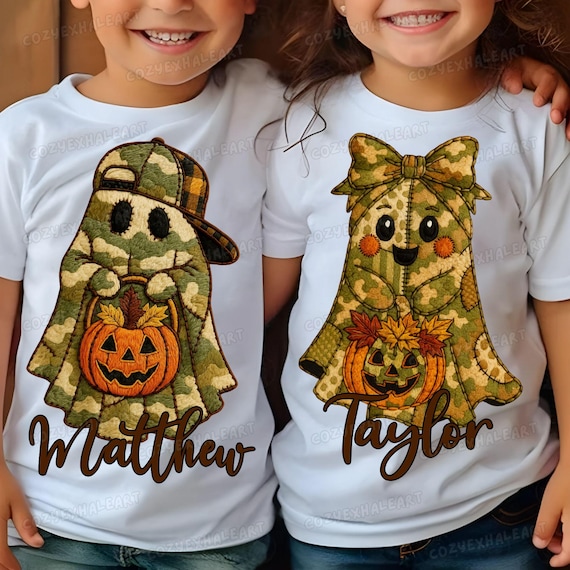 Camouflage Halloween Ghost PNG: Candy Hunter Patchwork Clipart for Kids, Trendy Fall Sublimation Design