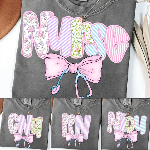 Preppy Nurse PNG Bundle: Floral Stripe, Boho Bow Sublimation Design (Digital Download)