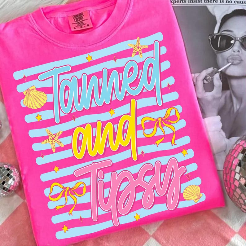 Tanned and Tipsy PNG Summer Sublimation Design with Striped Background and Nautical Bows