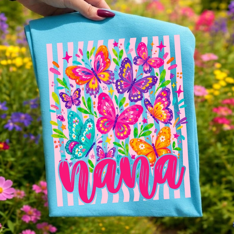 Mockup of a custom T-shirt featuring the Preppy Striped Butterfly Mama Sublimation Design.