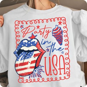 Party In The USA PNG, Coquette 4th of July Sublimation Design, Girly Red White Blue Preppy USA Shirt, Patriotic Retro America PNG