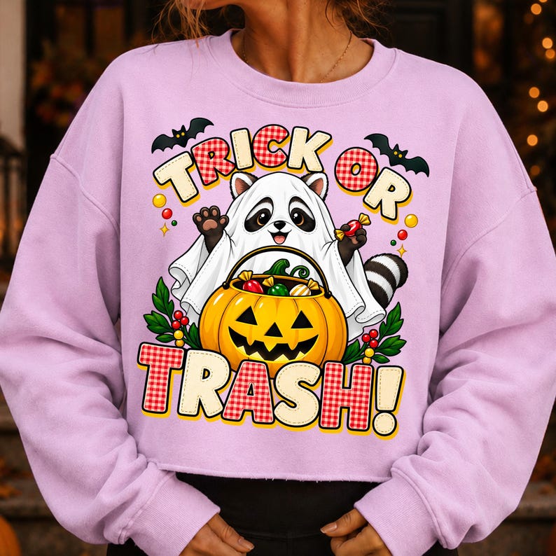 May include: A light purple long-sleeve sweatshirt featuring a graphic of a raccoon dressed as a ghost holding a jack-o'-lantern bucket filled with sweets. The text reads TRICK OR TRASH! with bats, red and white chequered patterns, and foliage.