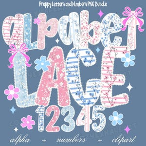 Lace Floral Alphabet PNG Bundle with 10 Pastel Pink and Blue Alpha Sets, Numbers and Bow Clipart for Vintage Shabby Chic Sublimation Crafts
