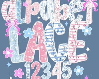Alfabeto floral de encaje PNG: Letras, números y lazos de cuadros vichy (descarga digital)