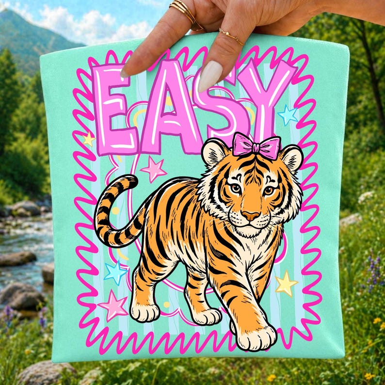 Preppy Easy Tiger Shirt Mockup with Pink Bow Design